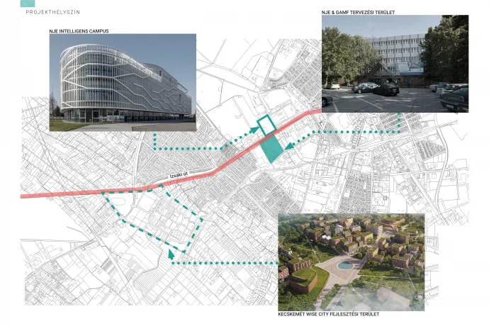 Az új campus, az innovációs parknak otthont adó régi campus és az okosváros Kecskemét térképén – Forrás: Neumann János Egyetemért Alapítvány
