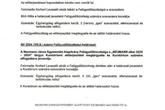 Részlet az augusztus nyolcadikai ülés jegyzőkönyvéből – Forrás: Neumann János Egyetemért Alapítvány