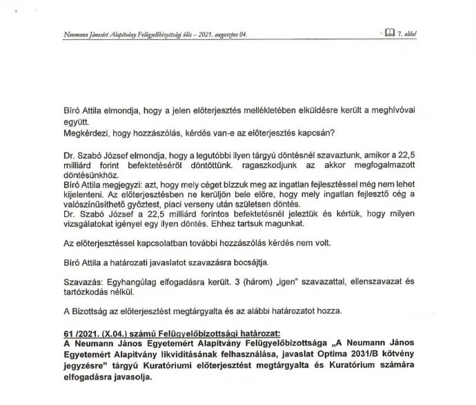 A felügyelőbizottság 2021. október 4-i ülésének jegyzőkönyve – Forrás: Neumann János Egyetemért Alapítvány