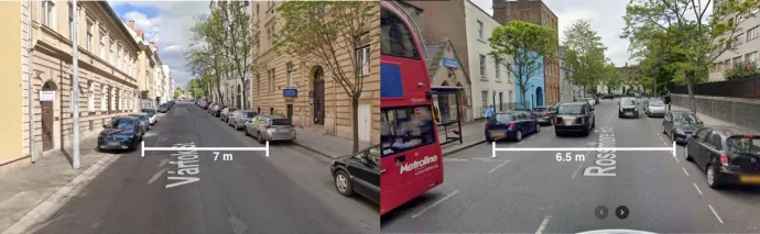 Míg egy londoni utcában óránként 28 kétszintes busz elfér 6,5 méteren, a budai Várfok utcában 30 kisbusznak 7 méter széles útpálya szükséges, a gyalogosok – előtte/utána közösségi közlekedők – kárára. Alapkép forrása: Google