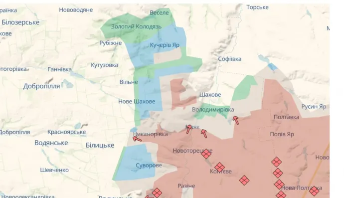 Zölddel és kékkel a területek, ahonnan az orosz erők kiszorultak – Forrás: Deepstatemap