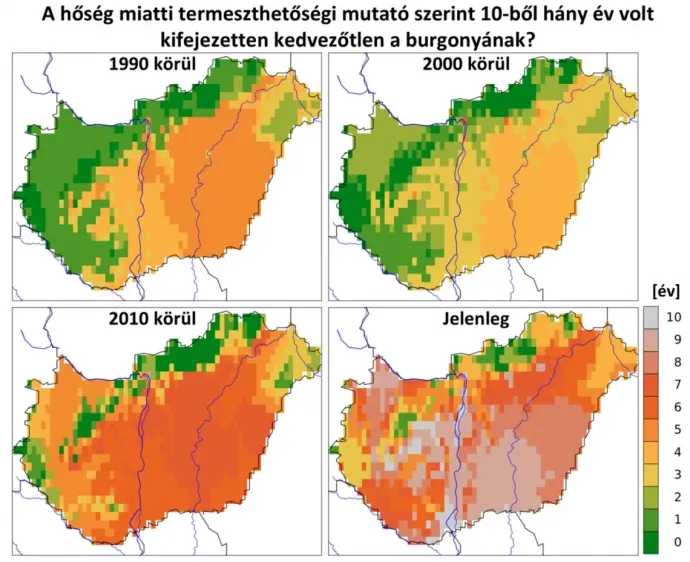 A hőség miatti termeszthetőségi mutató szerint 10-ből hány év volt kifejezetten kedvezőtlen a burgonyának – Forrás: Másfélfok