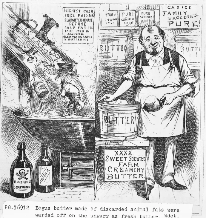Korabeli karikatúra egy újságból, amin szemetet raknak a margarinba – Fotó: Bettmann / Getty Images