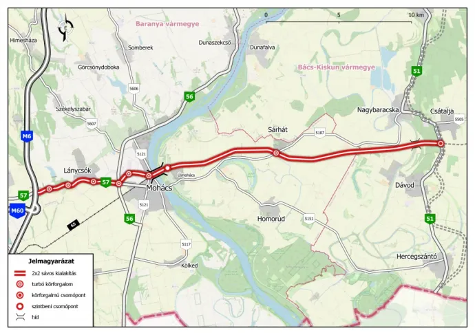 Pirossal a projektbe tartozó utak és hidak – Forrás: Építési és Közlekedési Minisztérium
