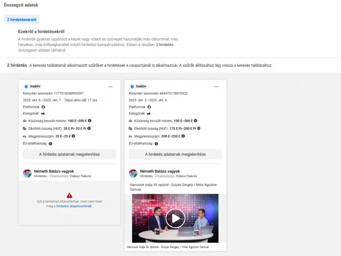 Két változat ugyanabból a hirdetésből, az egyik még átment, a másik már nem – Forrás: Meta Hirdetéstár