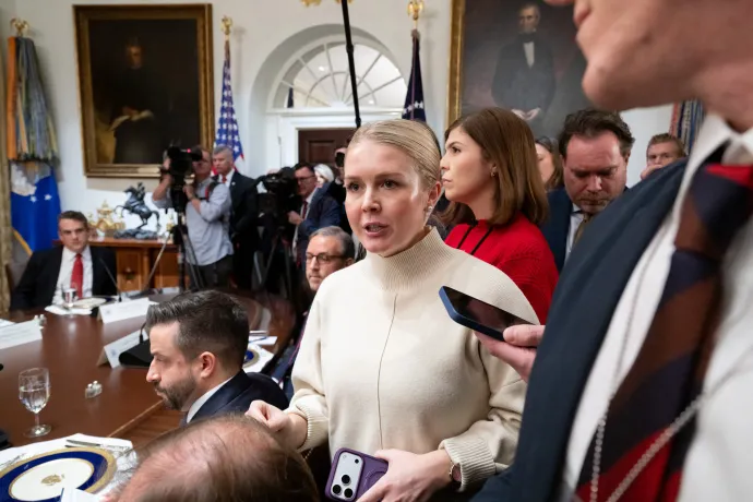 Karoline Leavitt fehér házi szóvivő a sajtótájékoztatón – Fotó: Saul Loeb / AFP