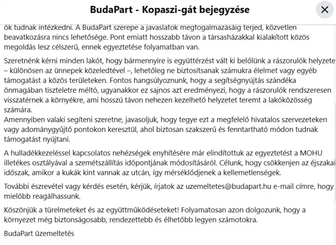 A BudaPart üzemeltetőjének posztja – Fotó: olvasói fotó