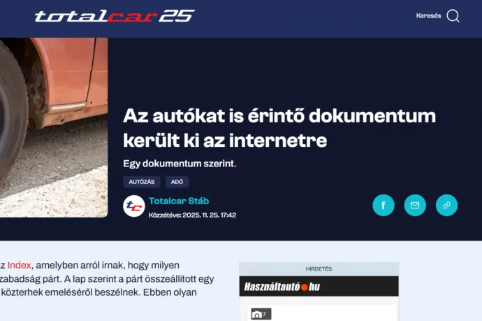 Gusztustalan propagandának nevezte a saját, Tisza Párt adóterveiről szóló cikküket a Totalcar főszerkesztője