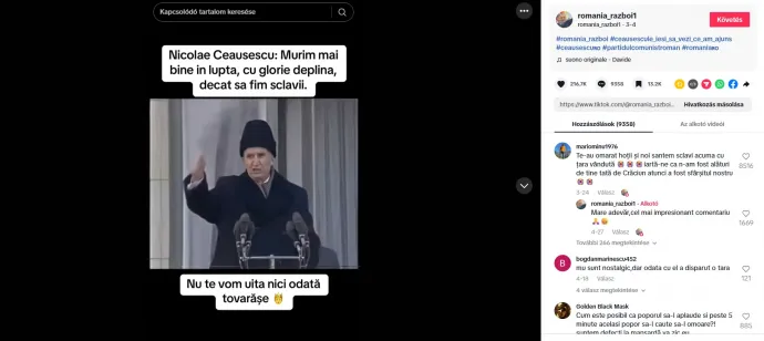 A Ceaușescunak tulajdonított mondatok arról szólnak, hogy jobb dicsőségesen harcban meghalni, mint szolgának lenni. A készítő azt is megjegyzi, hogy soha nem fogunk elfelejteni, elvtárs – Forrás: Képernyőmentés a romania_razboi1 TikTok-oldalról