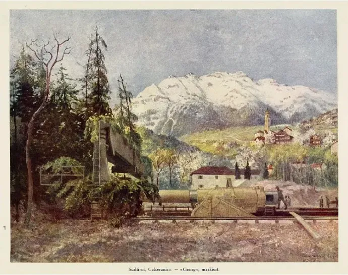 Alexander Demetrius Goltz vízfestménye az álcázott ágyúról. A háttérben Calceranica és a Marzola hegy – Forrás: Werk der Artillerie – Verfasst von Feldzeugmeister Adalbert Benda