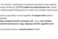 Egy kiszivárgott levél szerint csak 1,6 szakorvos van a Szent Imre ügyeletén, a kórház részben cáfolt