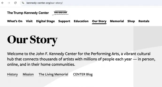 A Trump Kennedy Központ honlapjának fejléce, az URL és az intézmény történetéről szóló menüpont – Fotó: Telex