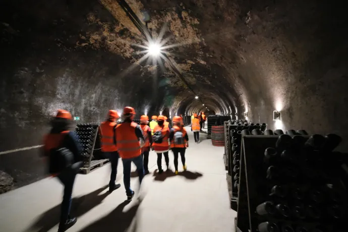A Szent István tér alatt most is pezsgő készül, a kipukkanásveszély miatt egyes a részekben védőszemüveget kell viselni – Fotó: Gűth Ervin / Telex