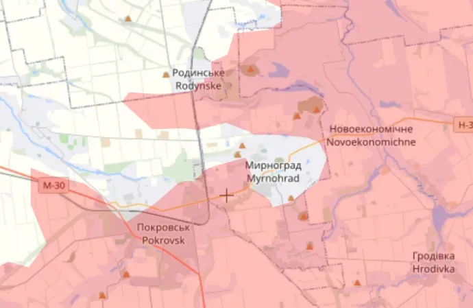 Pirossal az oroszok által elfoglalt területek – Térkép forrása: Liveuamap.com