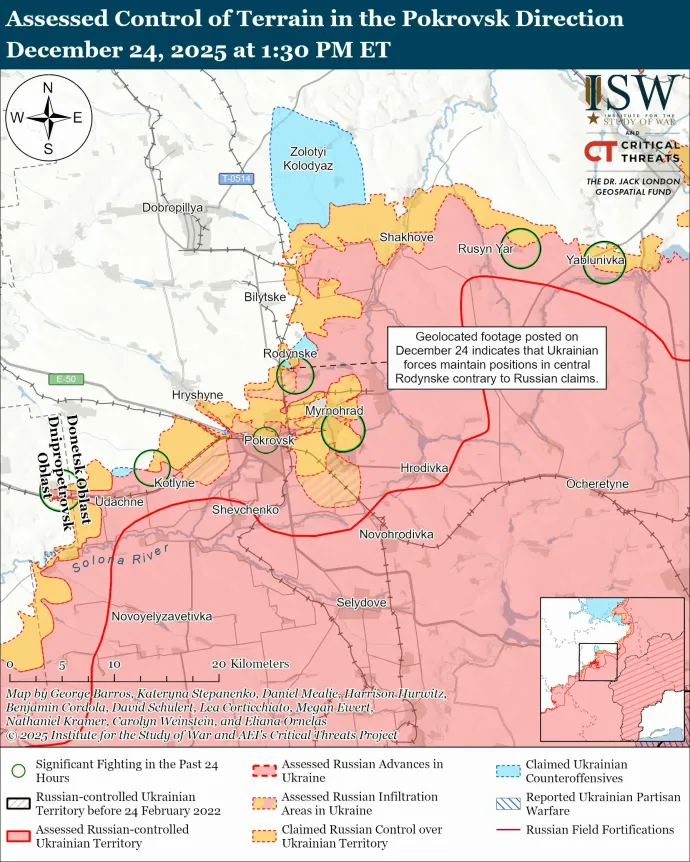 A három oldalról bekerített és folyamatosan ostromlott Mirnohrad és a szomszédos Pokrovszk az Institute of Study of War december 24-i térképén – Forrás: Institute of Study of War / X