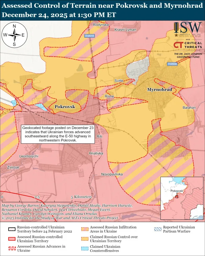 A három oldalról bekerített és folyamatosan ostromlott Mirnohrad és a szomszédos Pokrovszk az Institute of Study of War december 24-i térképén – Forrás: Institute of Study of War / X