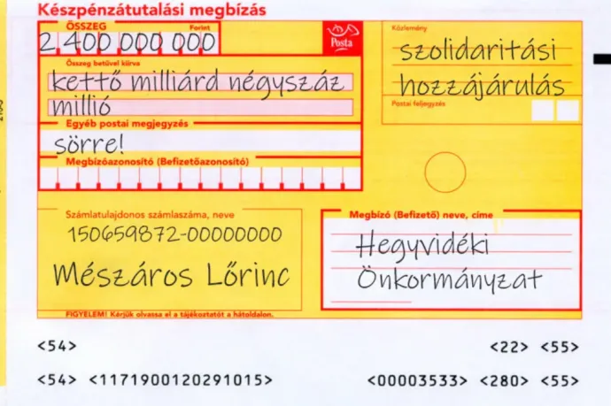 Kovács Gergely egy csekkel egyenesen Mészáros Lőrincnek küldené a XII. kerület szolidaritási adóját