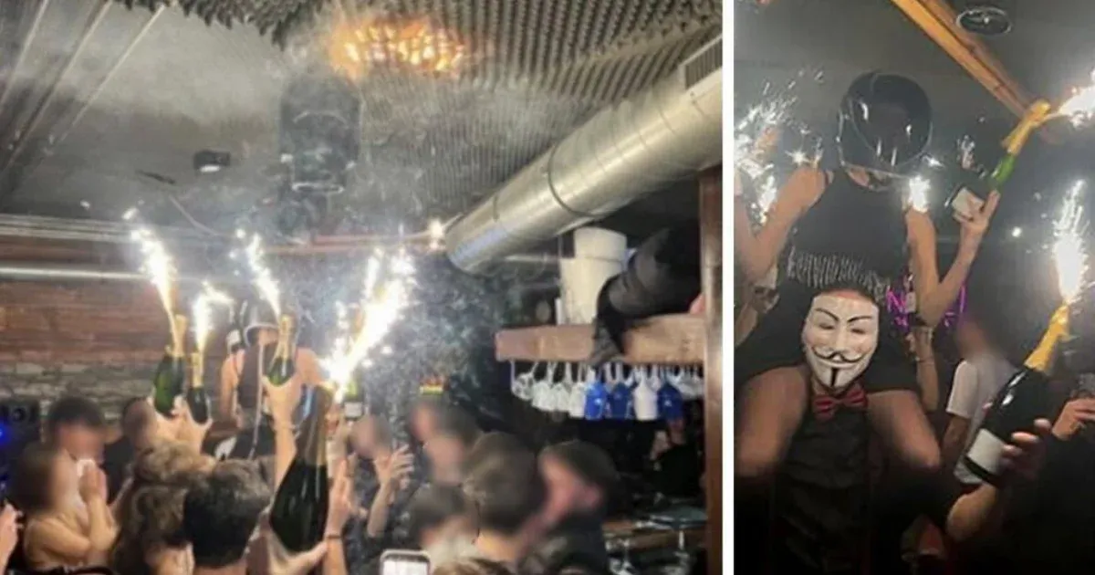 Csillagszórókat, és a már lángra kapott mennyezetet mutatja két kép, amik a svájci bárban készültek szilveszterkor