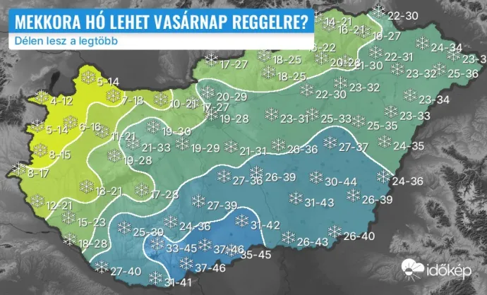 A várható hóállások a hétfő délutáni előrejelzés szerint – Forrás: Időkép