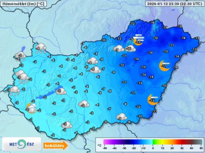Hőmérsékletek Magyarországon január 12-én este 23:30-kor – Forrás: HungaroMet