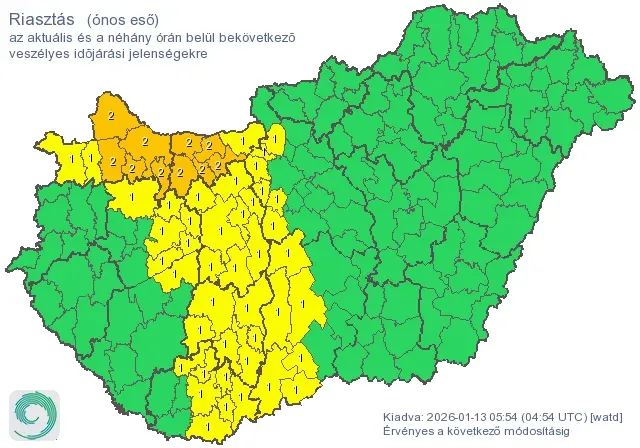 Ónos esőre kiadott riasztás kedd reggel – Forrás: Met.hu