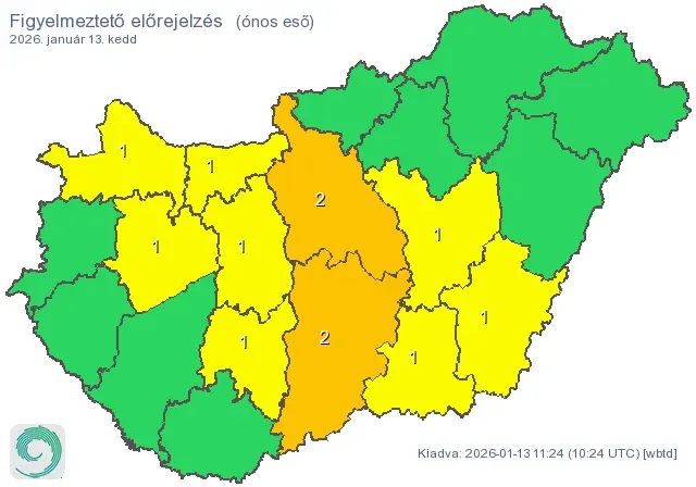 Másodfokú figyelmeztetés van érvényben az ország közepén – Forrás: HungaroMet