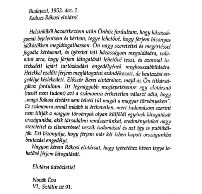 Novak's letter to the communist leader – Source: Tamás Róth