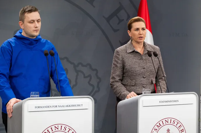 Jens-Frederik Nielsen grönlandi és Mette Frederiksen dán miniszterelnök sajtótájékoztatója 2026. január 13-án, Koppenhágában – Fotó: Kristian Tuxen Ladegaard Berg /NurPhoto / AFP