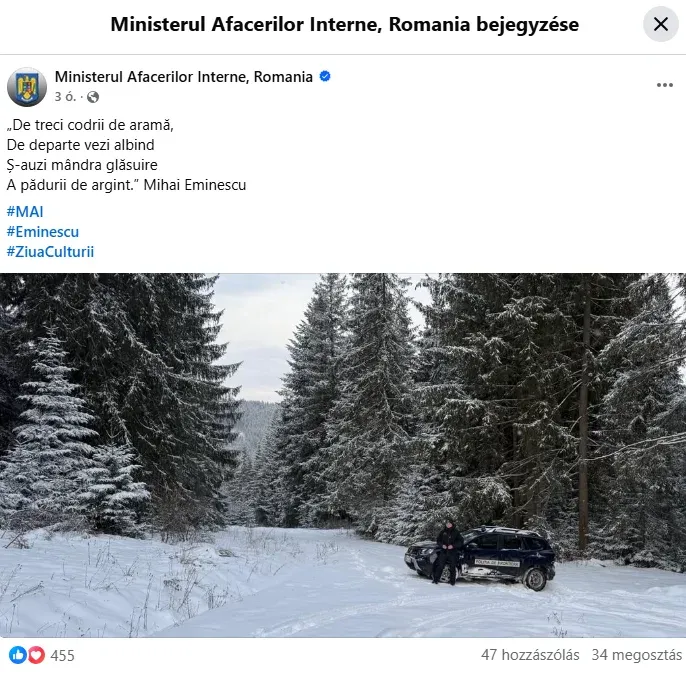 A már javított, de még mindig hibásan tördelt bejegyzés – Forrás: Képernyőmentés a román belügyminisztérium Facebook oldaláról