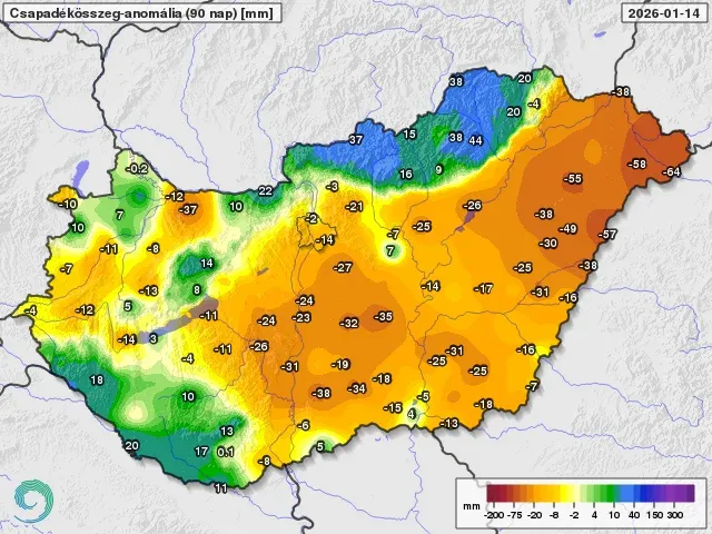 A 90 napos csapadékösszeganomália-térképen jól látszik, hogy bőven szükség lenne még több hóra – Forrás: HungaroMet