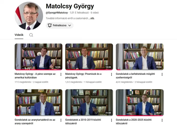 Matolcsy György YouTube-fiókja – Forrás: Matolcsy György / YouTube