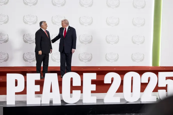 Orbán Viktor és Donald Trump a gázai tűzszüneti megállapodás helyszínén, az egyiptomi Sarm es-Sejk nemzetközi konferencia-központjában, 2025. október 13-án – Fotó: Kaiser Ákos / Miniszterelnöki Kommunikációs Főosztály / MTI