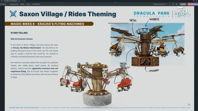 Megjelentek a konkrét elképzelések Hunyadi-várról, a székely és szász faluról, illetve az utóbbiban található denevéres ride-ról – Forrás: Drakula Park PR-film képernyőmentése