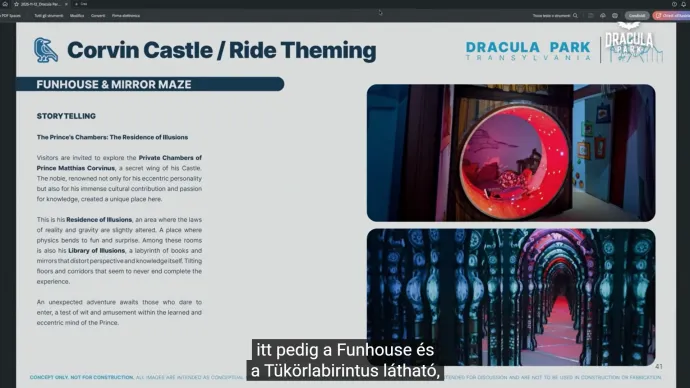 Megjelentek a konkrét elképzelések Hunyadi-várról, a székely és szász faluról, illetve az utóbbiban található denevéres ride-ról – Forrás: Drakula Park PR-film képernyőmentése