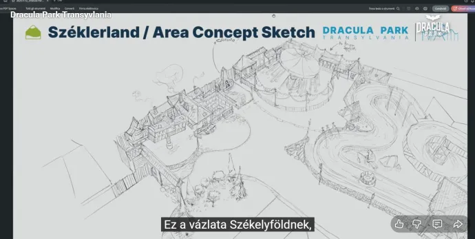 Megjelentek a konkrét elképzelések Hunyadi-várról, a székely és szász faluról, illetve az utóbbiban található denevéres ride-ról – Forrás: Drakula Park PR-film képernyőmentése