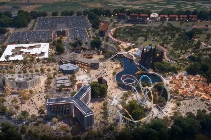 A székelyföldi Drakula-park helyszíne jelenleg drónfelvételről, és a bukaresti DraculaLand látványterve – Forrás: képernyőmentés a reklámfilmből / DraculaLand Facebook-oldal