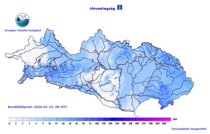 Hóvastagság a Duna és a Tisza vízgyűjtő területein január 22-én – Forrás: Hydroinfo