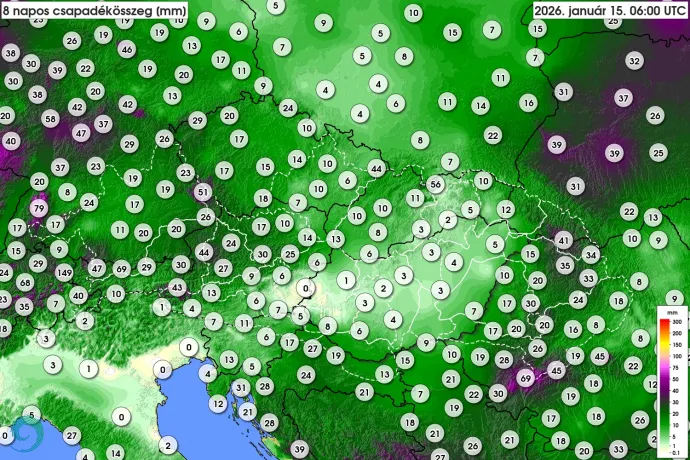 Nagy folyóink vízgyűjtő területein leesett 8 napos csapadékösszeg január 15-én – Forrás: HungaroMet