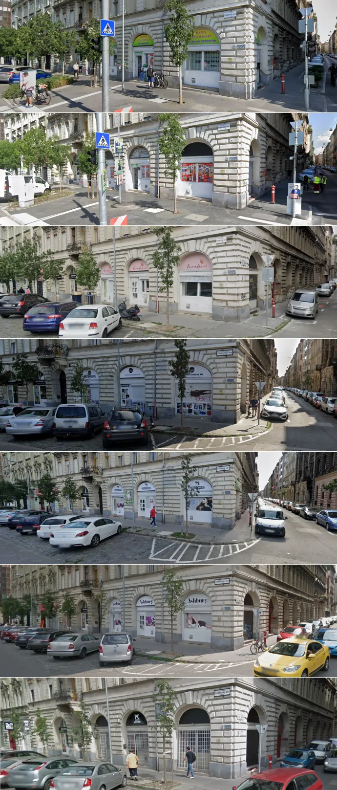 A Podmaniczky utca 61. alatt lévő üzlet 2014-től 2026-ig, sorrendben fentről lefelé: 2026. augusztus, 2025. június, 2023. augusztus, 2022. augusztus, 2019. augusztus, 2018. június, 2014. május – Forrás: Google Street View