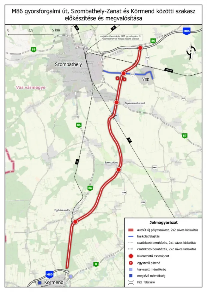 A Szombathelytől északra és délre lévő két autópálya-szakasz térképen – Forrás: Építési és Közlekedési Minisztérium