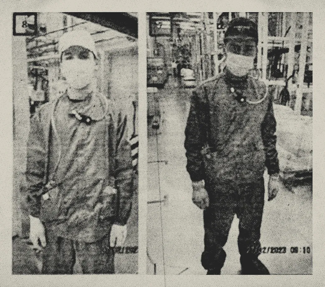 Orvosi maszkot viselő munkások a gyár mixing részlegén 2023-ban. Kép: Samsung SDI belső jegyzőkönyvek / Telex