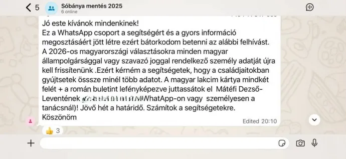 Képernyőmentés az üzenetről. A szövegben szereplő telefonszámot kitakartuk, a nevet viszont nem, mert Mátéfi Dezső Levente vállalta az interjút, és válaszolt a Transtelex kérdéseire – Forrás: Transtelex
