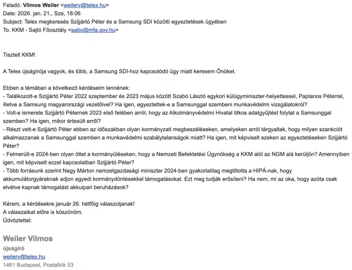 A KKM-nek küldött levelünk – Forrás: Telex