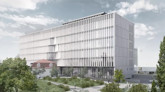 Az új kutatóintézet látványterve és az építkezés 2026 januárjában – Forrás: Kolozsvári Műszaki Egyetem és KÉSZ Románia