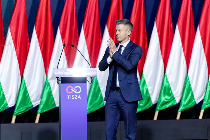Magyar Péter, a Tisza Párt elnöke tartott évértékelő beszédet a Hungexpón 2026. február 15-én – Fotó: Bődey János / Telex