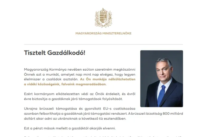 Orbán az ügyfélkapun ijesztgeti a gazdákat, hogy jön Brüsszel, és Ukrajnába küldi a pénzüket