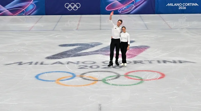 A Pavlova Maria, Sviatchenko Alexei páros a 2026-os milánói-cortinai téli olimpia műkorcsolyapárosainak edzésén a Forum di Milanóban 2026. február 4-én – Fotó: Illyés Tibor / MTI