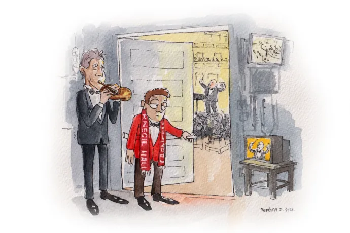 Horváth Bence a színpadra nyíló ajtó túloldalán – Grafika: Grafitember / Telex