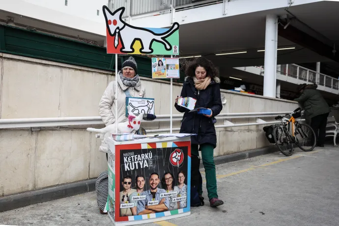 A Magyar Kétfarkú Kutya Párt aktivistái Budapesten a Fény utcai piacnál – Fotó: Huszti István / Telex