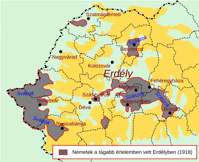 Erdélynek a német anyanyelvű kisebbségek által lakott részei – forrás: Wikipédia